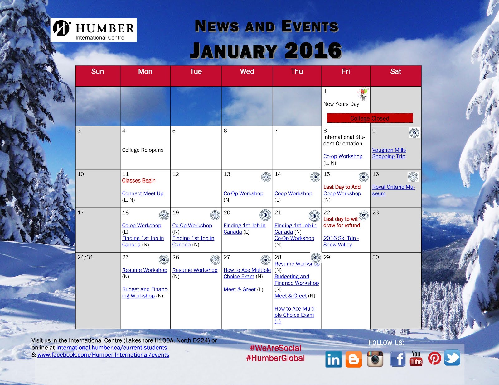 Humber International Calendar of Events January