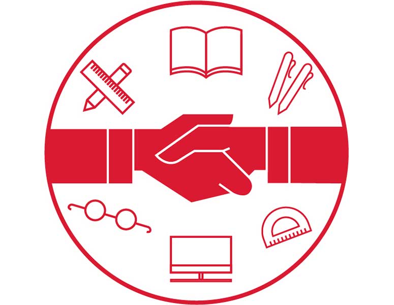 Logo - shaking hands and school supplies