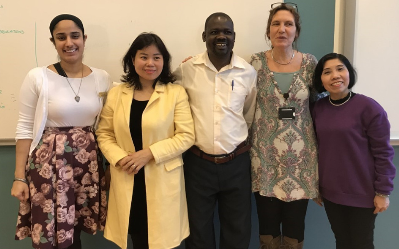 From the left, Jaspreet Bal, Nguyen Thi Thanh, Polycarp Omara, Jette Erikson, and Kim Anh Thi Nguyen at the University College Absalon in Roskilde, Denmark.