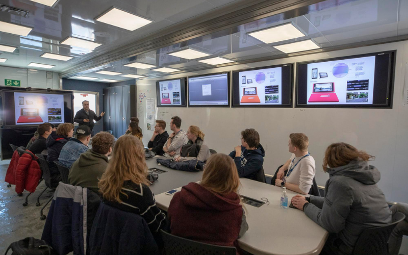 Students from Fontys University learn about eye-tracking technology in Humber's Usability Lab with George Paravantes, Program Coordinator of User Experience Design.